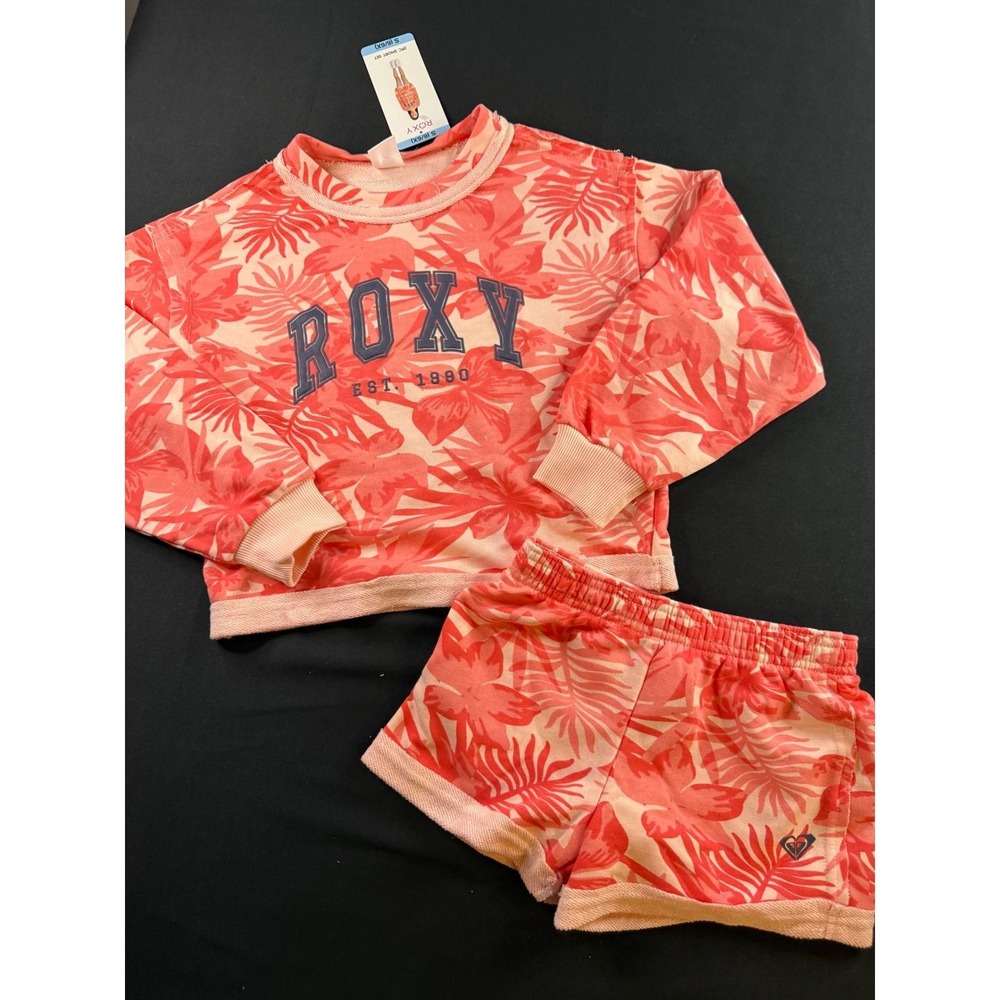 Roxy Girls 2pc Sweatshirt and Shorts Set Coral Tropical Floral Size S 6/6X NWT